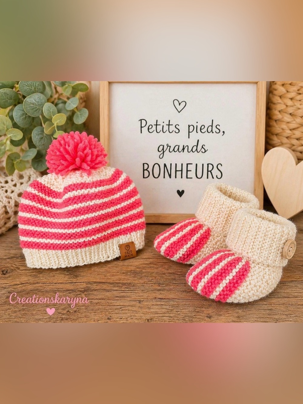 Handmade Baby Beanie & Booties Set in Pink & Cream